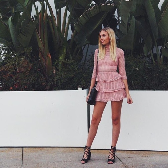dusty pink lace panel tiered bodycon dress